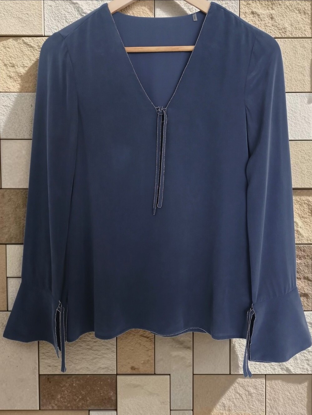 100% Silk Shell Navy Long-Sleeve V-Neck Blouse with Tie Detail Fluted Sleeves